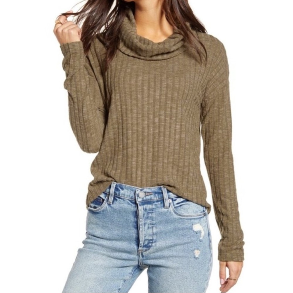 BP Olive Ribbed Cowl Neck Sweater